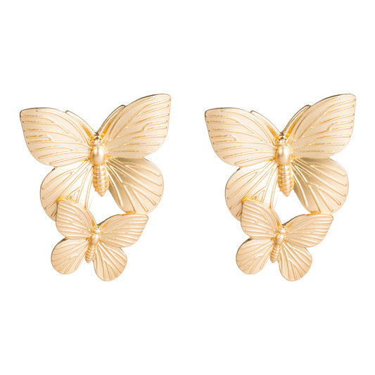 Alloy Gold Texture Two Butterfly Ear Stud
